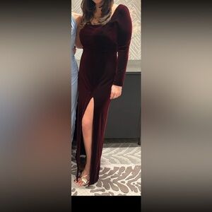Jenny Yoo Rachel Square Neck Long Sleeve Slit Stretch Velvet Gown